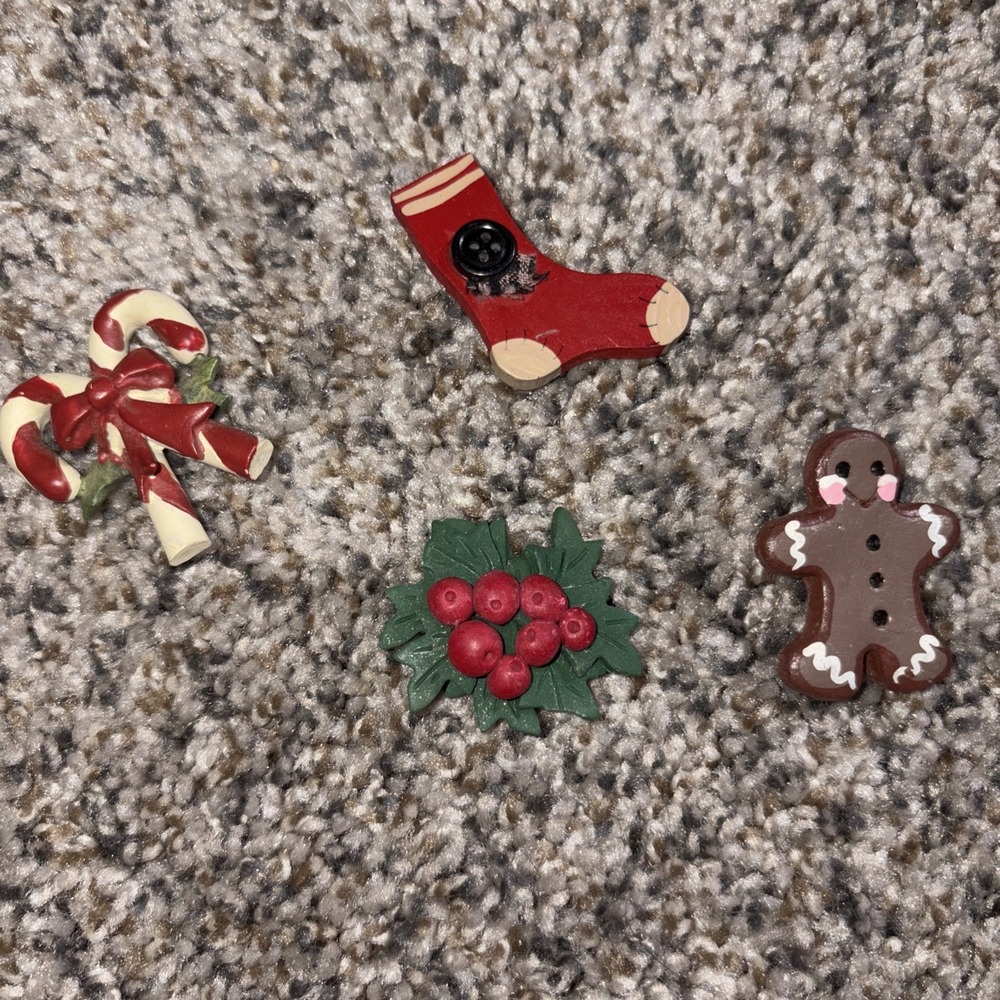 Vintage Small Christmas Pins Gingerbread Candy Cane Holly Berries Stocking